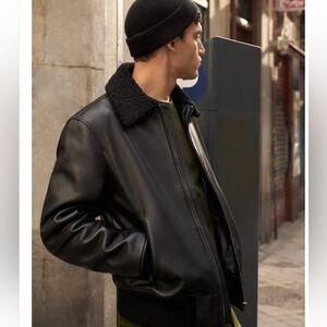 MNG Man Black Leather Aviator Jacket